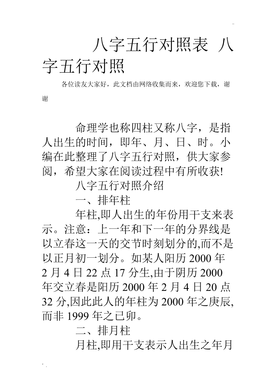 四柱八字查询五行生缺表_命理五行查询表_八字五行命理,命主福元查询